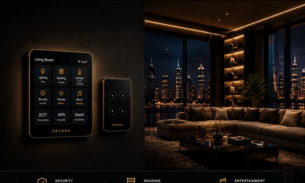 VAYORA smart-home concept with warm lighting and integrated controls